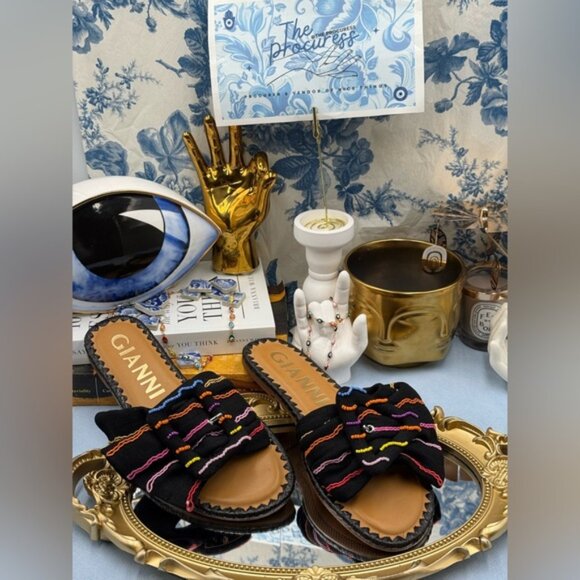 🆕 GIANNI BINI 🧿 NWOB JaxsonTwo Black & Rainbow Striped Linen Slide Sandal, Sz6 - Picture 3 of 15